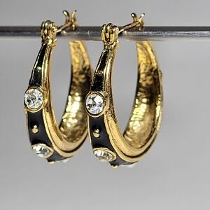 Vintage Gold Tone and Black Enamel Hoop Earrings With Rhinestone Accents